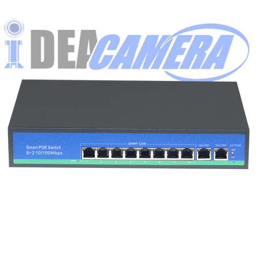 PoE Switch, 8CH 10/100Mbps PoE Switch for 8pcs IPC, 2pcs RJ45 Ports,Internal Power Supply