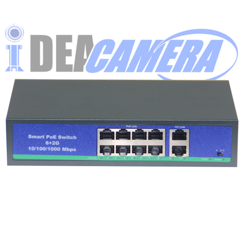 PoE Switch, 8CH 100/1000Mbps PoE Switch for 8pcs IPC, 2pcs RJ45 Ports,Internal Power Supply